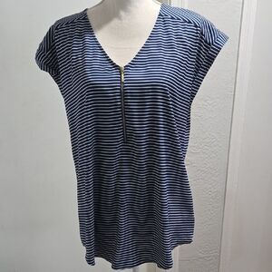 Express Navy and White Striped V-Neck Tee